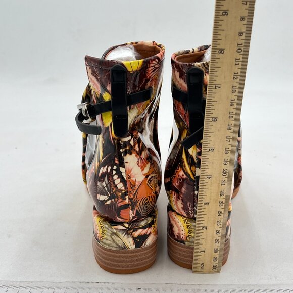 FSJ Brown Butterfly Print Peep Open Toe Cut Out Buckle Block Low Heel Ankle Boot - Picture 5 of 8